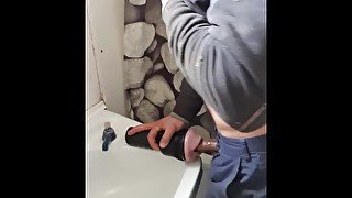 Farm hunk on break pounds fleshlight on bathroom sink till cum