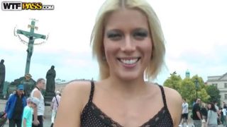 Beautiful breasty Czech young whore Sweet Cat giving very hot blowjob in public