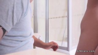 Hot girlfriend gets anal fingered in bathroom