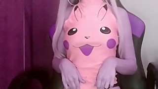 Cute anime teen cosplayer pikachu play with her tight pussy