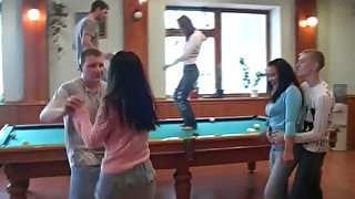 Kinky tipsy chicks undress in the billiard hall for pleasing the dicks