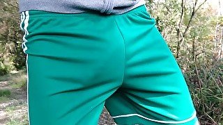 Very Hot Guy Running, marking his Huge Cock in the Pants, and Jerking off in Public