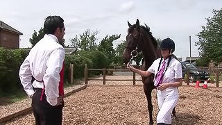 Long haired milf with big tits gets hammered till orgasm in the stables