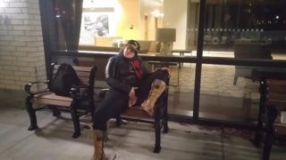 Milf mastrubates on public bench in front of hotel lobby window