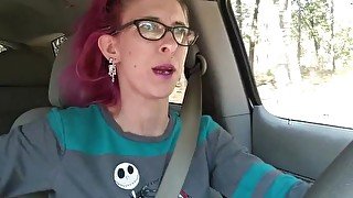 Milf masturbates and gets high in the car