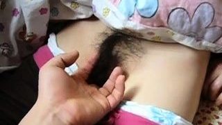 Sweet Asian teen gets her tight hairy cunt fingered in POV