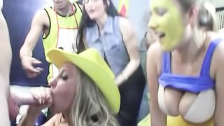 Young girls teeming with team spirit get laid at a college tailgate party.