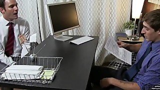 Pervert employee worships boss feet after work in his office