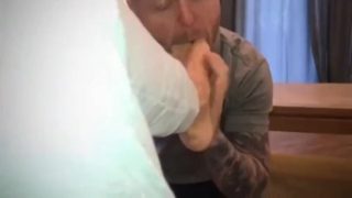 Horny hungover master makes his sub sniff his smelly socks and feet