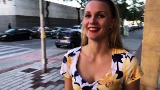 Kinky blonde takes a hot load of cum on her face in public