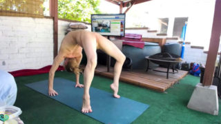 Attractive blonde milf enjoying some naked yoga on webcam