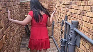 Teen sucking cock and drinking piss in alley