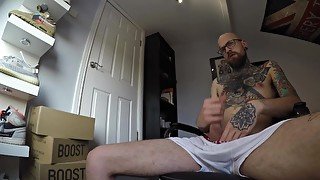 I think my neighbor was watching through the window! Intense tattooed male solo masturbation