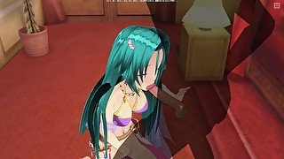 3D HENTAI Girl with blue hair touches her pussy and gives blowjob