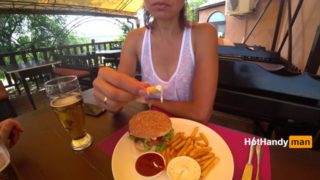 Eating burger and flashing in the cafe Transparent T-shirt No Bra (teaser) v2