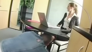 Hot like fire brunette in glasses gets her asshole throbbed in a cute office sex