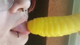 Goth with piercings gives up close blowjob 