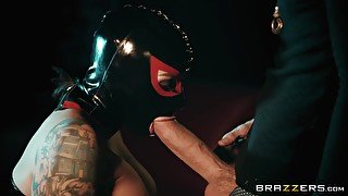 Danny D gets blowjob from a busty slut in latex hood and finshets & fucks her