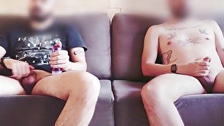 Two Guys Jerking Off Together Big Dick and Moans With Pleasure Cum