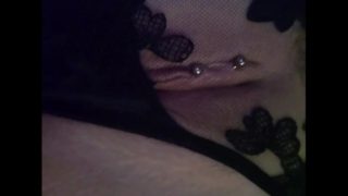 Russian girl touching her pierced pussy in transparent thongs