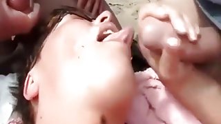 Slutty babe gets gallons of cum to her face