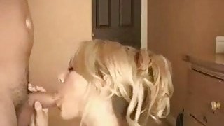 Extremely hot blonde babe sucks dick and gets jizzed on