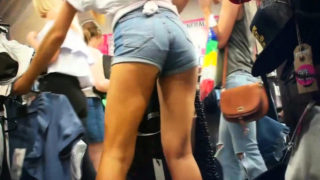Sexy young babes in tight shorts voyeur upskirt in public