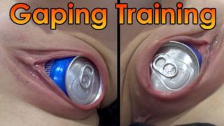 My wife trains  stretching her pussy with soda can and coffee can