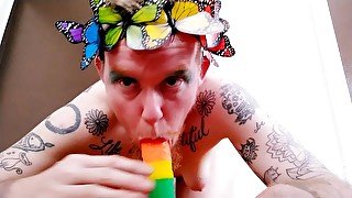 Queer Trans Boy Flowers In His Beard Gives POV Blowjob Frontage Masturbates Big Clit