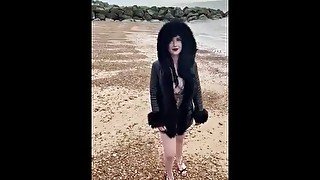 British babe Smoking and flashing on the beach