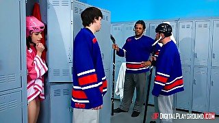 Young fit brunette teen fucks big cock tall hockey players after workouts