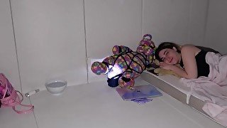 Female chastity toy fucked in her ass and given a pee drink before she crafts with cum