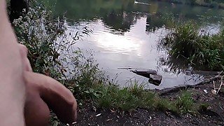 College guy jerking off on the riverside before the kayakers come back