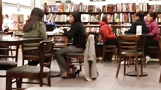 Candid Feet Shoeplay Dipping at Bookstore Cafe