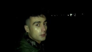 Outdoor night walking with face covered by cum and cum tasting