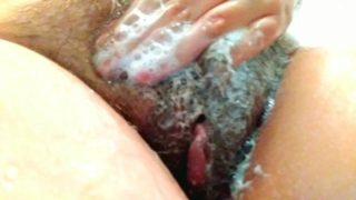 hairy pussy in fragrant foam under the shower