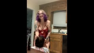 Curvy milf with a strap on gets sub to suck her cock and call her daddy