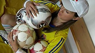 Soccer fan teen gives wild masturbation solo in locker room