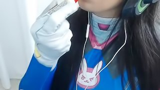 ASMR COSPLAY D.VA Push Pop Candy Mouth Sounds Masterbating so hot!!!