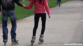 Cute teen chick Monika is riding rolls in the park with her new BF