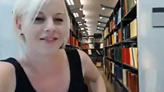 Blonde is playing with her pussy after working in a public library