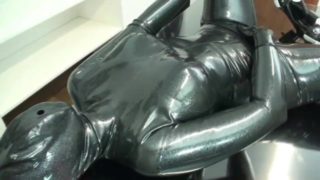 Encased In Black Latex Catsuit With Rubber Mask And Breathplay Masturbation