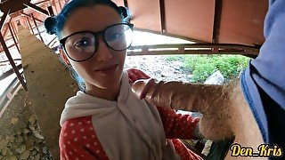 sex under the bridge with a cute schoolgirl in glasses she loves to get cum on her face