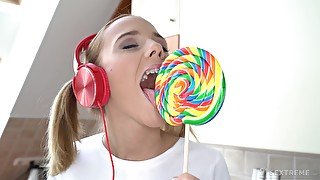 Petite blonde with pigtails Poppy Pleasure gets cum on her pretty face