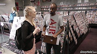 Lewd gamine blond head Lily Rader goes interracial in the gloryhole room