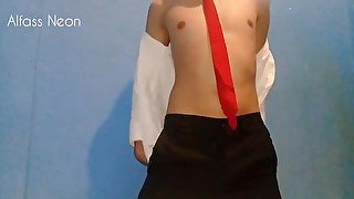 19 year old latin guy in a tie strips naked, masturbates and cums on his body