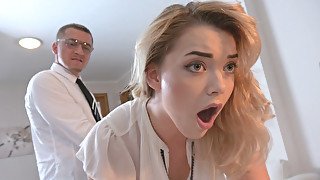 Young blondie in high heels gets pussy wrecked in the office