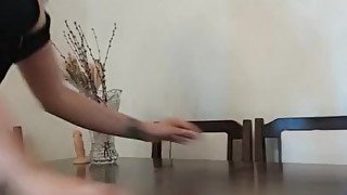 fucking a dildo on the dining table