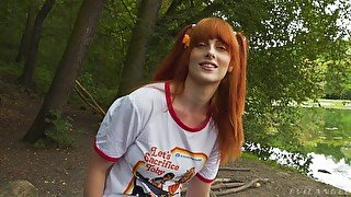 Orgasm craving redhead getting wild and naughty in the woods