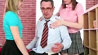 Tricky old teacher wants to fuck two sexy teen students in his office